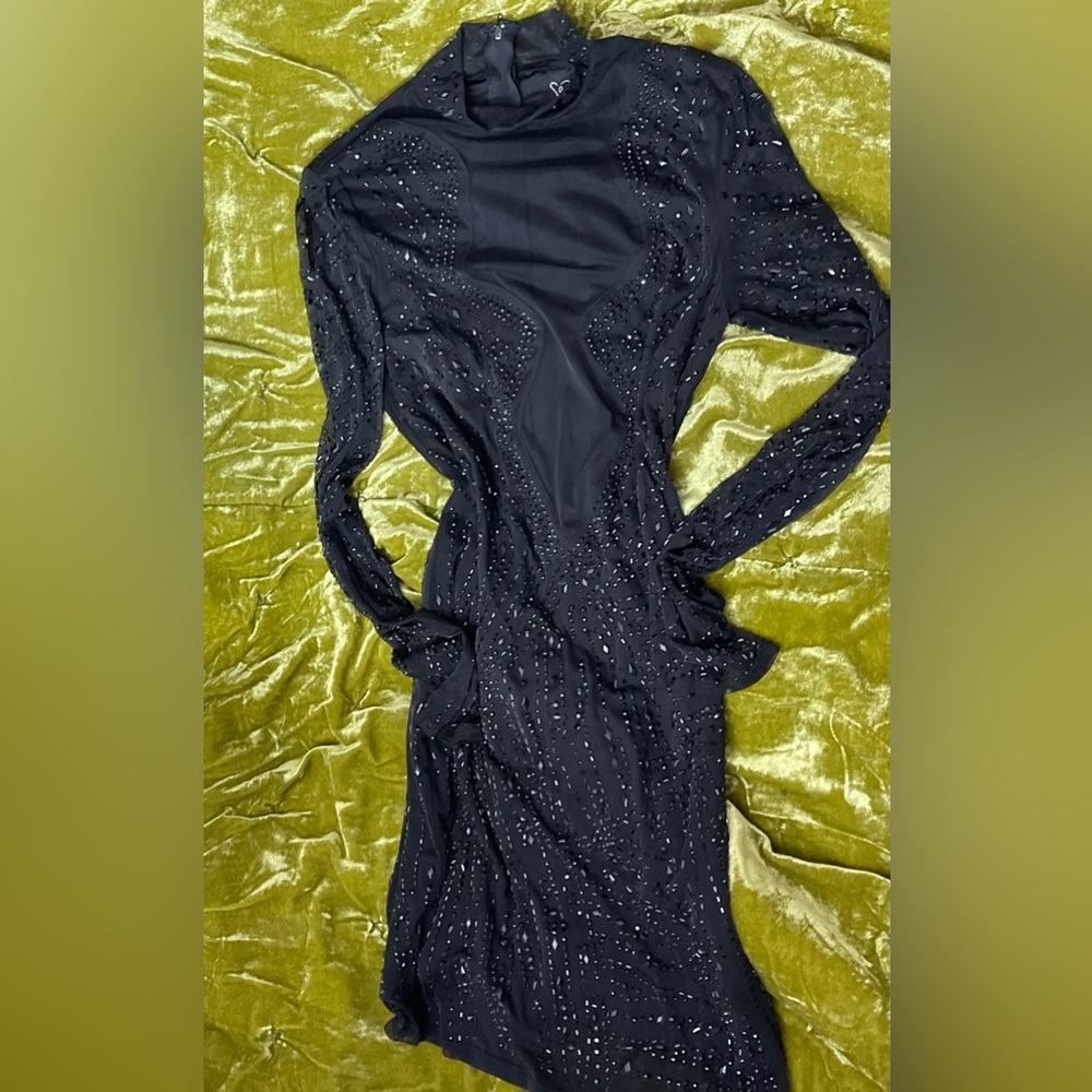 Windsor Black embellishments rhinestone sheer sleeve turtleneck top Never wore